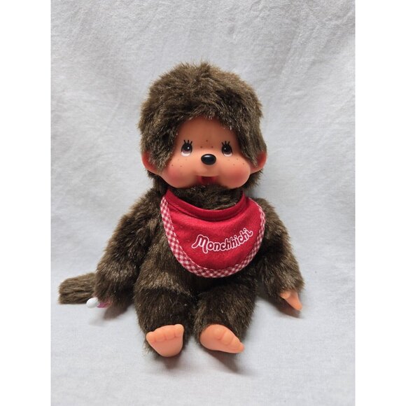 SEKIGUCHI 7.5" MONCHHICHI BOY WEARING RED BIB HOLDING PACIFIER DOLL - Picture 9 of 10
